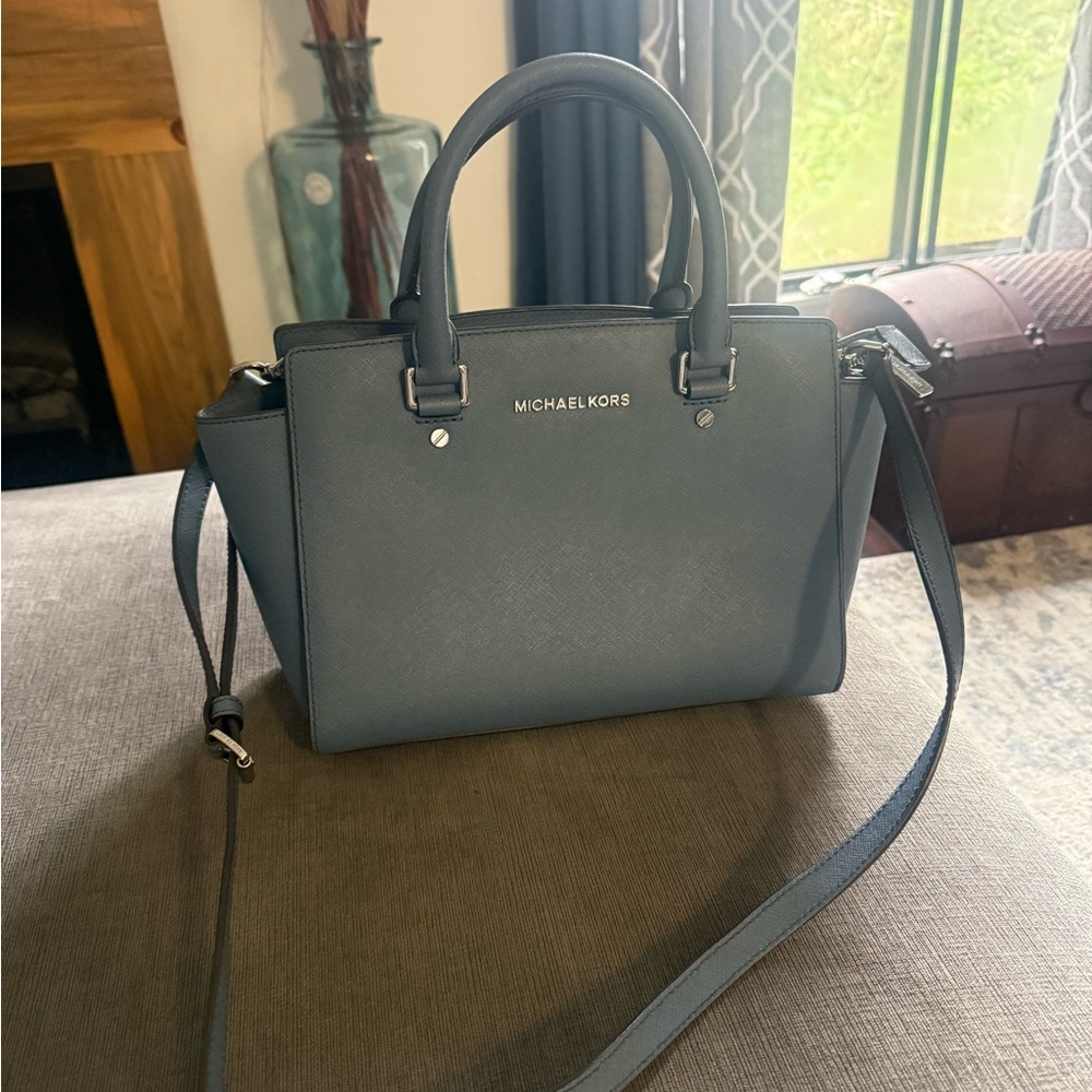 Michael Kors Blue Leather Structured Crossbody Satchel